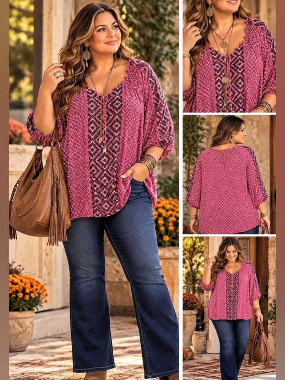 Catherines 3X 26/28W Boho Peasant Top Magenta Geometric 100% Cotton